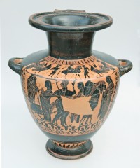 Hydria, attisch-schwarzfigurig: Ausfahrt von Göttern mit Hermes. Letztes Viertel 6. Jahrhundert v. Chr.