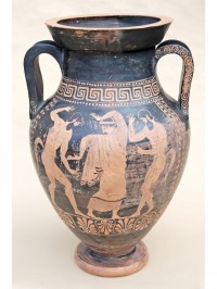 Amphora, etruskisch-rotfigurig, Praxias-Gruppe: Mänade, Satyrn. 480-460 v. Chr.