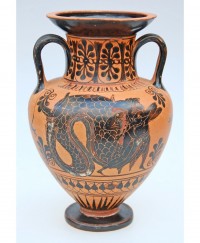 Halsamphora, attisch-schwarzfigurig: Herakles und Nereus / Abschied eines Kriegers, Maler von Villa Giulia M 482. 550-500 v. Chr.